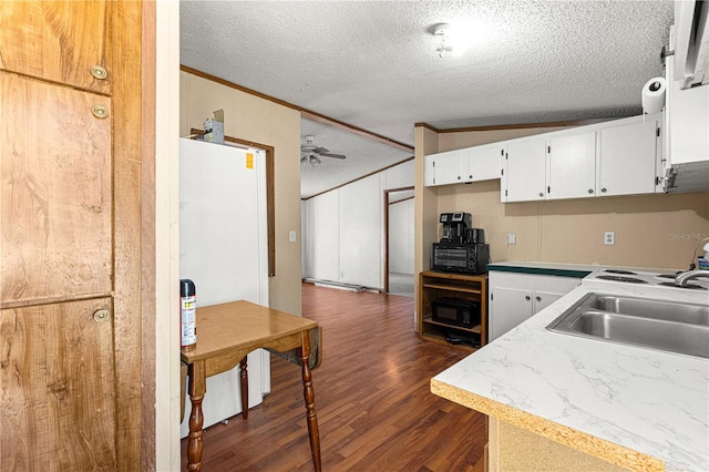 kitchen with sink, dark hardwood / wood-style floors, a textured ceiling, vaulted ceiling, and white cabinets