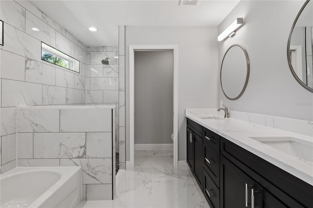 full bathroom featuring vanity, toilet, and plus walk in shower