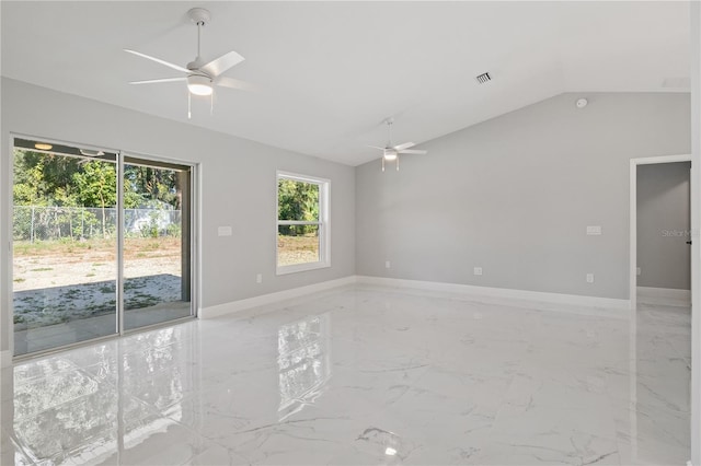 unfurnished room with ceiling fan and lofted ceiling