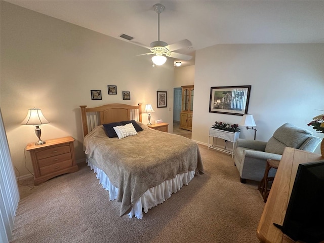 carpeted bedroom featuring ceiling fan and lofted ceiling