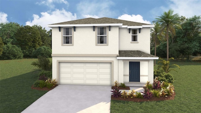 view of front facade with a front yard and a garage