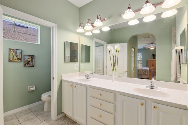 bathroom featuring tile patterned floors, vanity, toilet, and ceiling fan