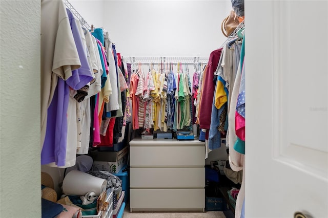 walk in closet featuring light colored carpet