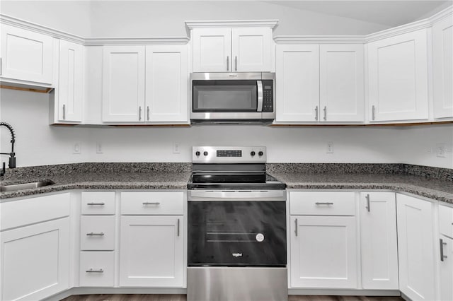 kitchen with dark stone countertops, white cabinetry, and stainless steel appliances