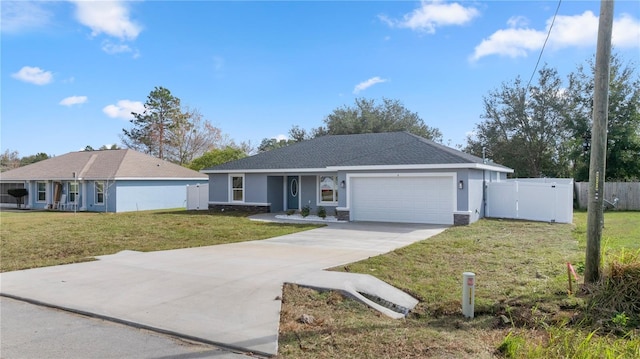 ranch-style house with a garage and a front yard