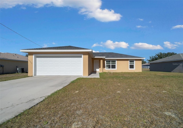 ranch-style house with a garage, central air condition unit, and a front yard