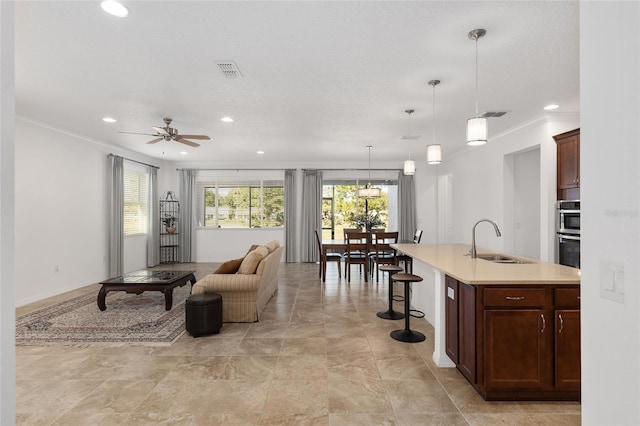 living room featuring ceiling fan, sink, a textured ceiling, and ornamental molding