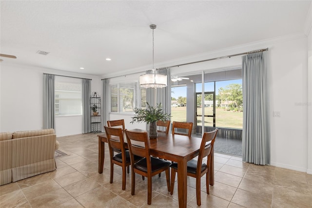 9350 SW 91st Court Rd, Ocala, FL 34481 - dining area with ornamental molding, plenty of natural light, a ceiling fan, light tile patterned flooring, and recessed lighting