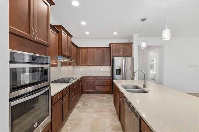 9350 SW 91st Court Rd, Ocala, FL 34481 - kitchen with appliances with stainless steel finishes, a sink, ornamental molding, decorative backsplash, and under cabinet range hood