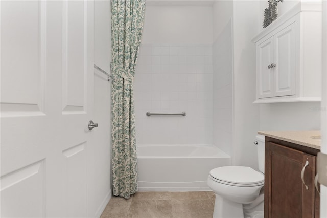 full bathroom featuring tile patterned floors, shower / tub combo with curtain, vanity, and toilet