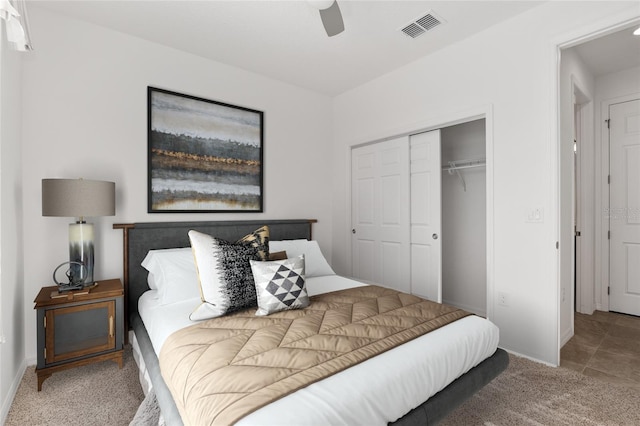 9350 SW 91st Court Rd, Ocala, FL 34481 - bedroom featuring a closet, carpet floors, baseboards, and ceiling fan