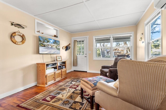 living room featuring a wall mounted air conditioner, dark hardwood / wood-style flooring, and ornamental molding