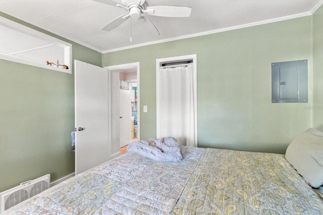 bedroom with electric panel, ceiling fan, and crown molding