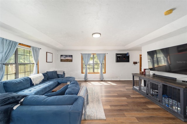 living room with dark hardwood / wood-style floors, a textured ceiling, and a tray ceiling