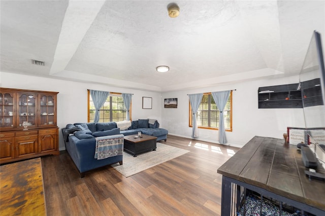 living room featuring a textured ceiling, a raised ceiling, and dark wood-type flooring