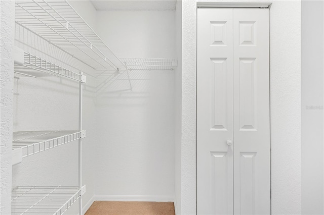 walk in closet featuring carpet flooring