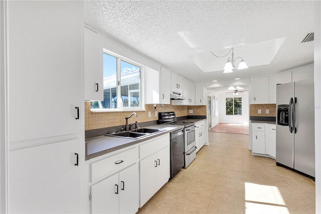 kitchen with plenty of natural light, white cabinets, stainless steel appliances, and ceiling fan with notable chandelier