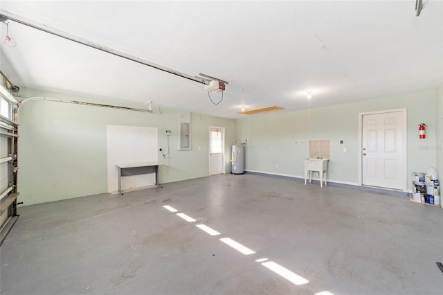 garage with a garage door opener, electric water heater, and electric panel