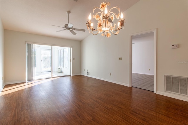 unfurnished room with dark hardwood / wood-style flooring, ceiling fan with notable chandelier, and lofted ceiling