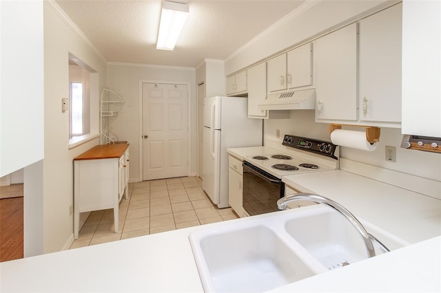 kitchen featuring sink, white cabinetry, crown molding, electric range oven, and light tile patterned floors