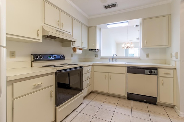 kitchen with light tile patterned flooring, sink, electric range, ornamental molding, and dishwashing machine