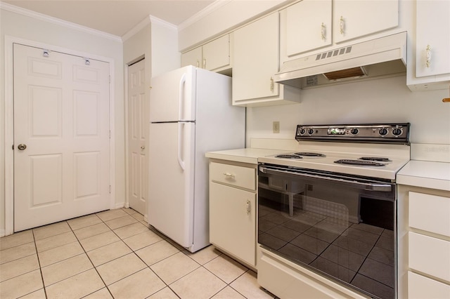 kitchen with white cabinetry, light tile patterned flooring, ornamental molding, and white appliances