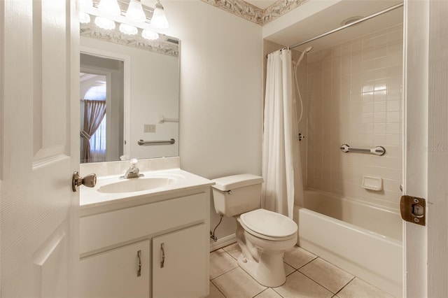 full bathroom with tile patterned flooring, vanity, toilet, and shower / bathtub combination with curtain