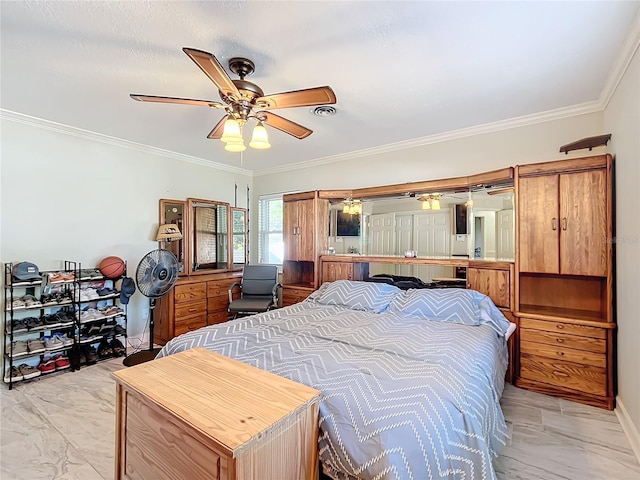 bedroom featuring ceiling fan and crown molding