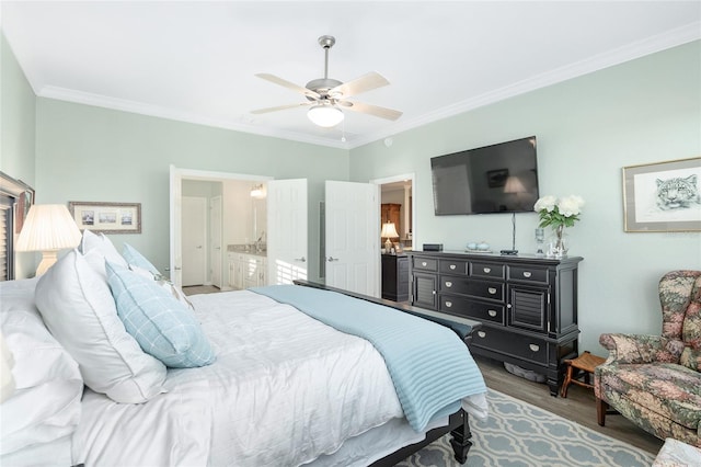 bedroom featuring wood-type flooring, ceiling fan, and crown molding