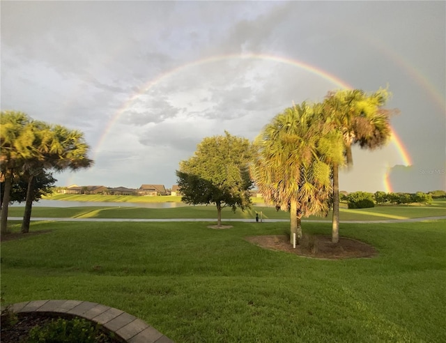 view of home's community with a water view and a lawn