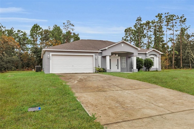 ranch-style home featuring a garage, central air condition unit, and a front lawn