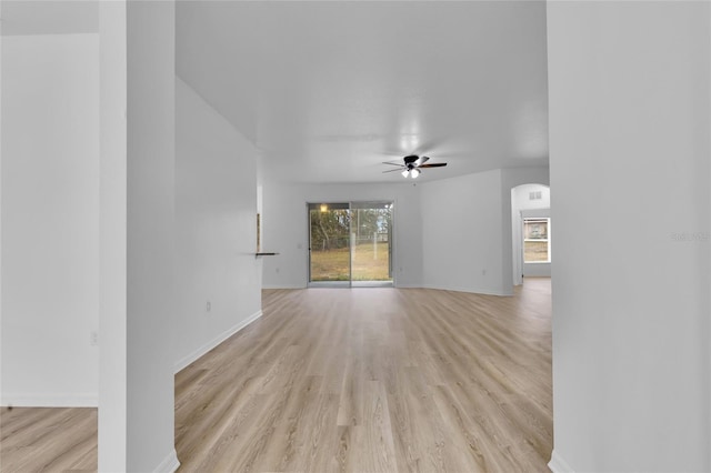 unfurnished living room with light hardwood / wood-style floors and ceiling fan