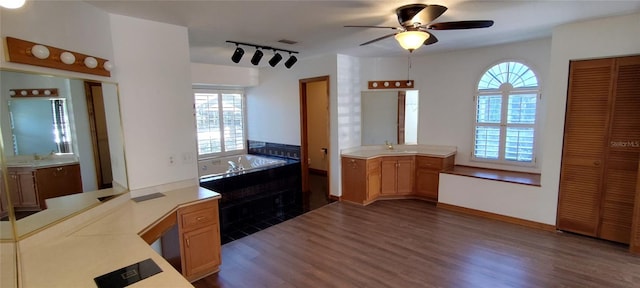 bathroom featuring ceiling fan, wood-type flooring, a tub to relax in, and track lighting