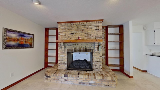 unfurnished living room with light tile patterned floors, a textured ceiling, and a brick fireplace