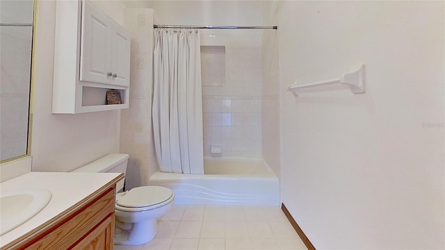 full bathroom with vanity, toilet, and shower / bathtub combination with curtain