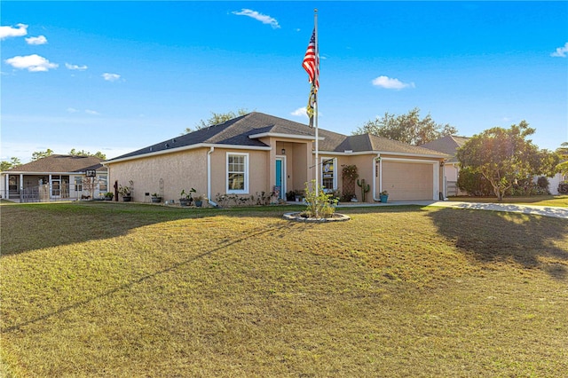 ranch-style house with a garage and a front yard