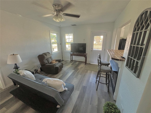 living room featuring hardwood / wood-style flooring and ceiling fan