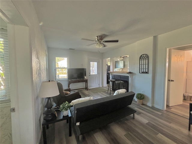 living room featuring hardwood / wood-style floors and ceiling fan