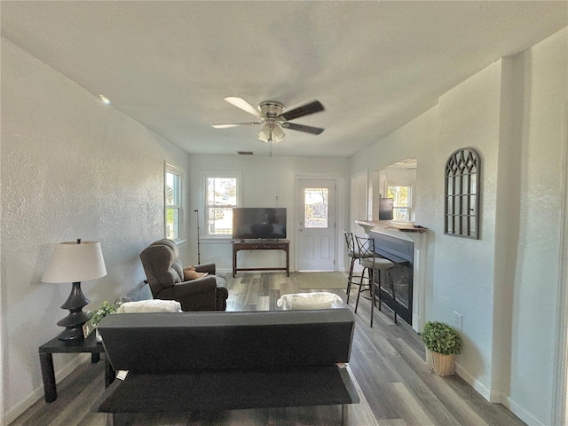 living room featuring hardwood / wood-style floors and ceiling fan