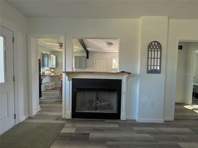 interior details with hardwood / wood-style flooring and ceiling fan