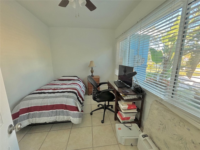 bedroom featuring ceiling fan and light tile patterned floors