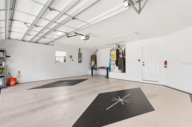 garage featuring electric panel, a garage door opener, and water heater