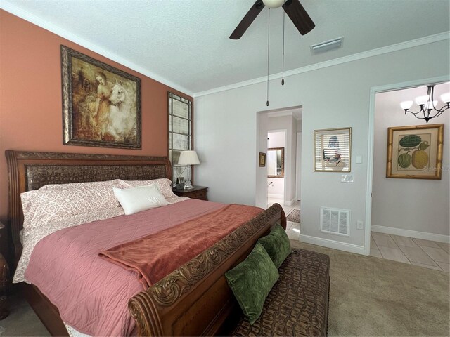 carpeted bedroom with a textured ceiling, connected bathroom, ceiling fan with notable chandelier, and ornamental molding