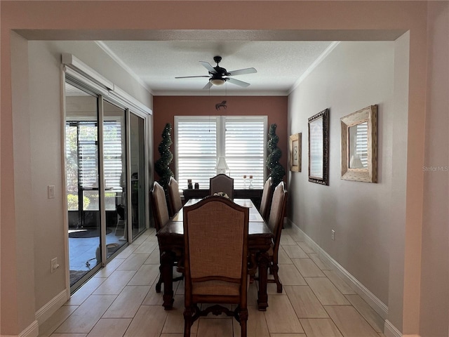 dining space featuring ceiling fan and crown molding