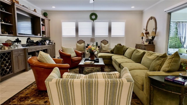 tiled living room with ornamental molding