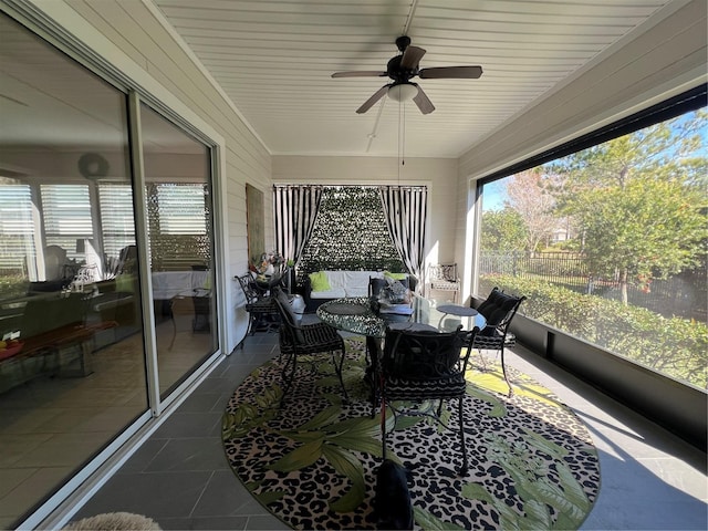 sunroom / solarium featuring ceiling fan