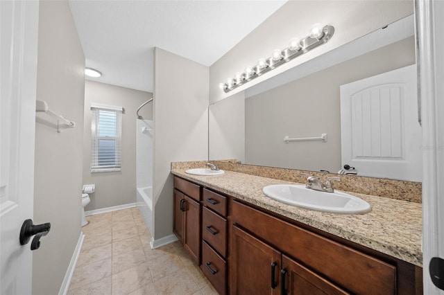 full bathroom with tile patterned flooring, vanity, toilet, and bathtub / shower combination