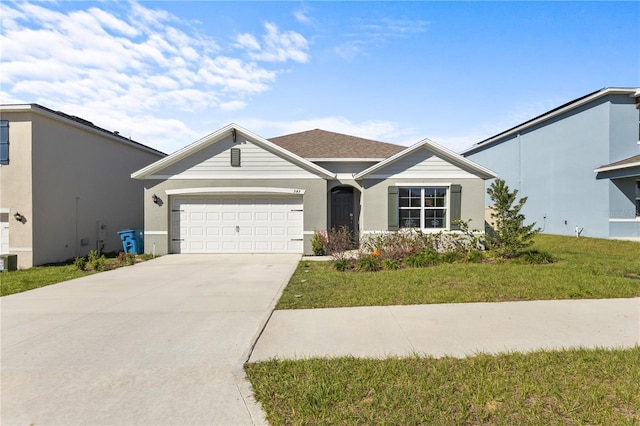 view of front of home featuring a garage, concrete driveway, and a front lawn