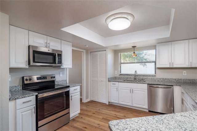 kitchen featuring a tray ceiling, white cabinetry, sink, and stainless steel appliances