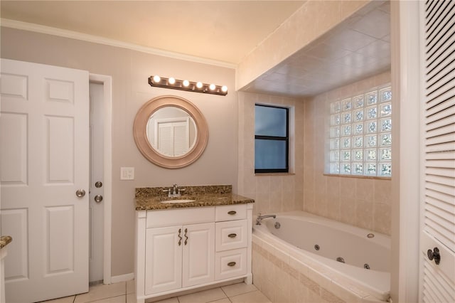 bathroom with tiled bath, tile patterned flooring, vanity, and ornamental molding